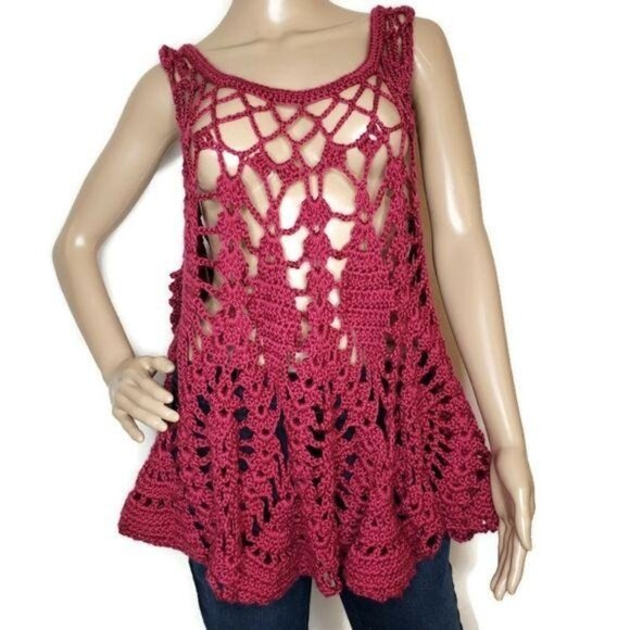 Handcrafted Burgundy Crochet Tank Top Open Lace Design, Sleeveless Boho Style - Picture 1 of 6